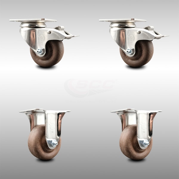 Service Caster 3 Inch 316SS High Temp Glass Filled Nylon Plate Caster Lock Brake 2 Rigid, 2PK SCC-SS316TTL20S314-GFNSHT-2-R-2 - main
